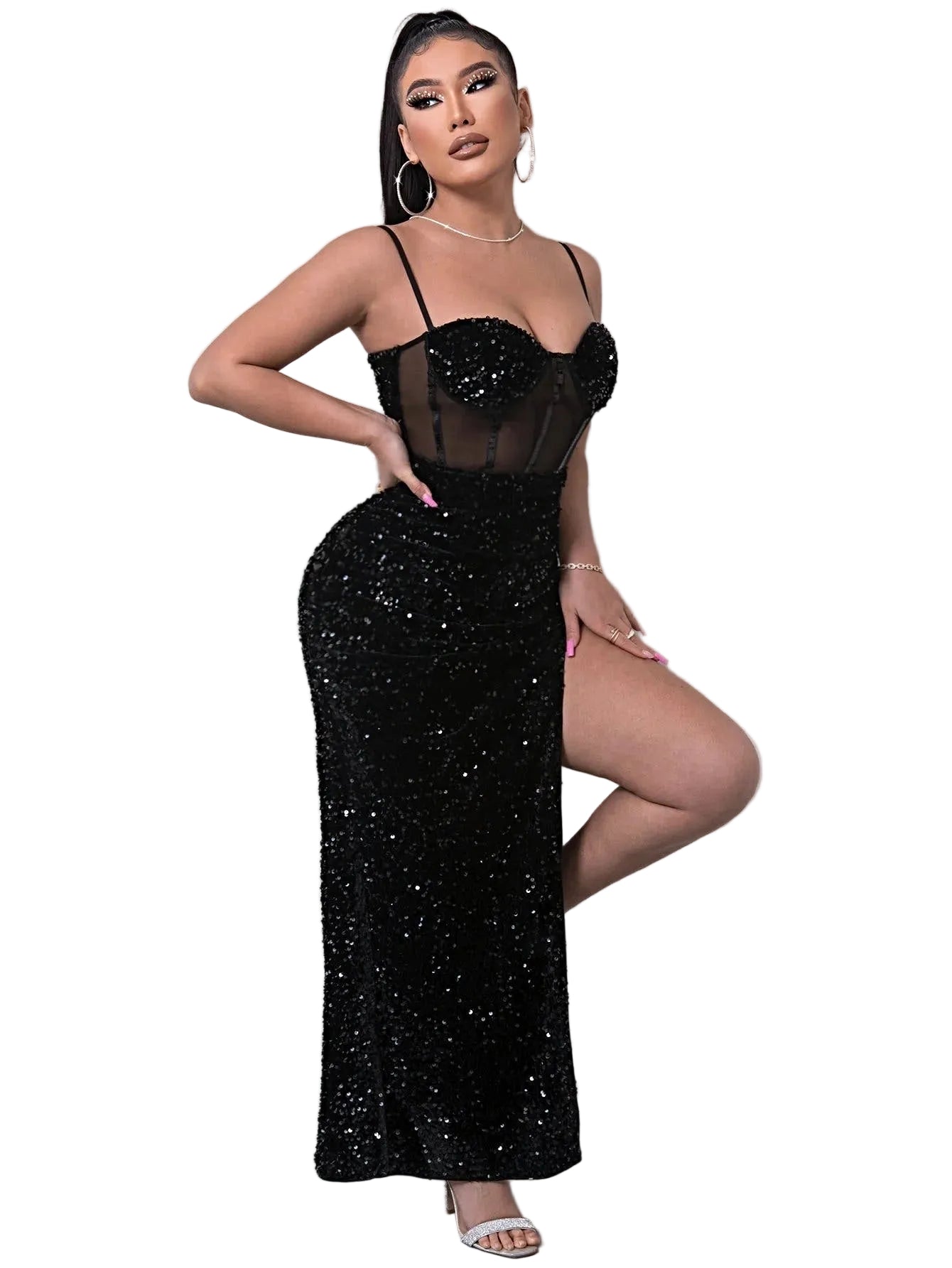 Elegant Maxi Sequin Dress with Spliced Mesh & Adjustable Spaghetti Straps for Chic Style Trendsi