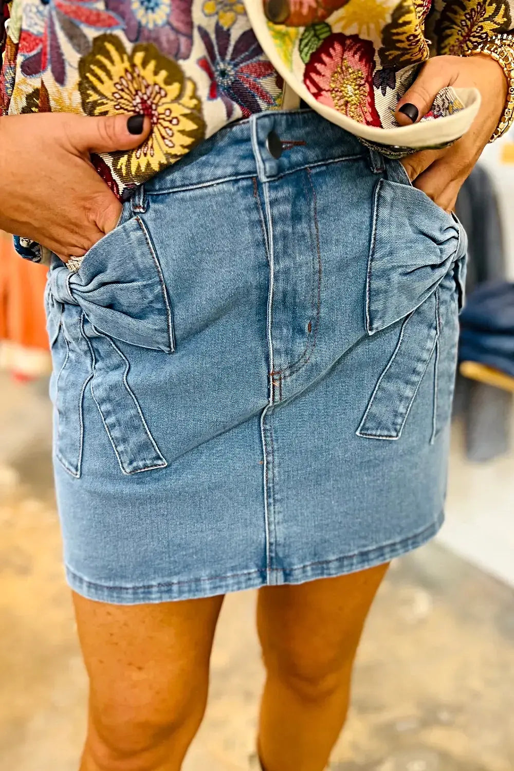 Acid Wash Bowknot Details High Waist Denim Skirt -