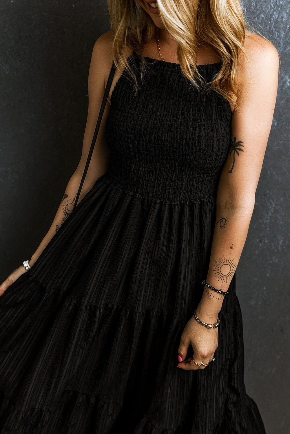 Smocked Tiered Spaghetti Strap Dress Trendsi