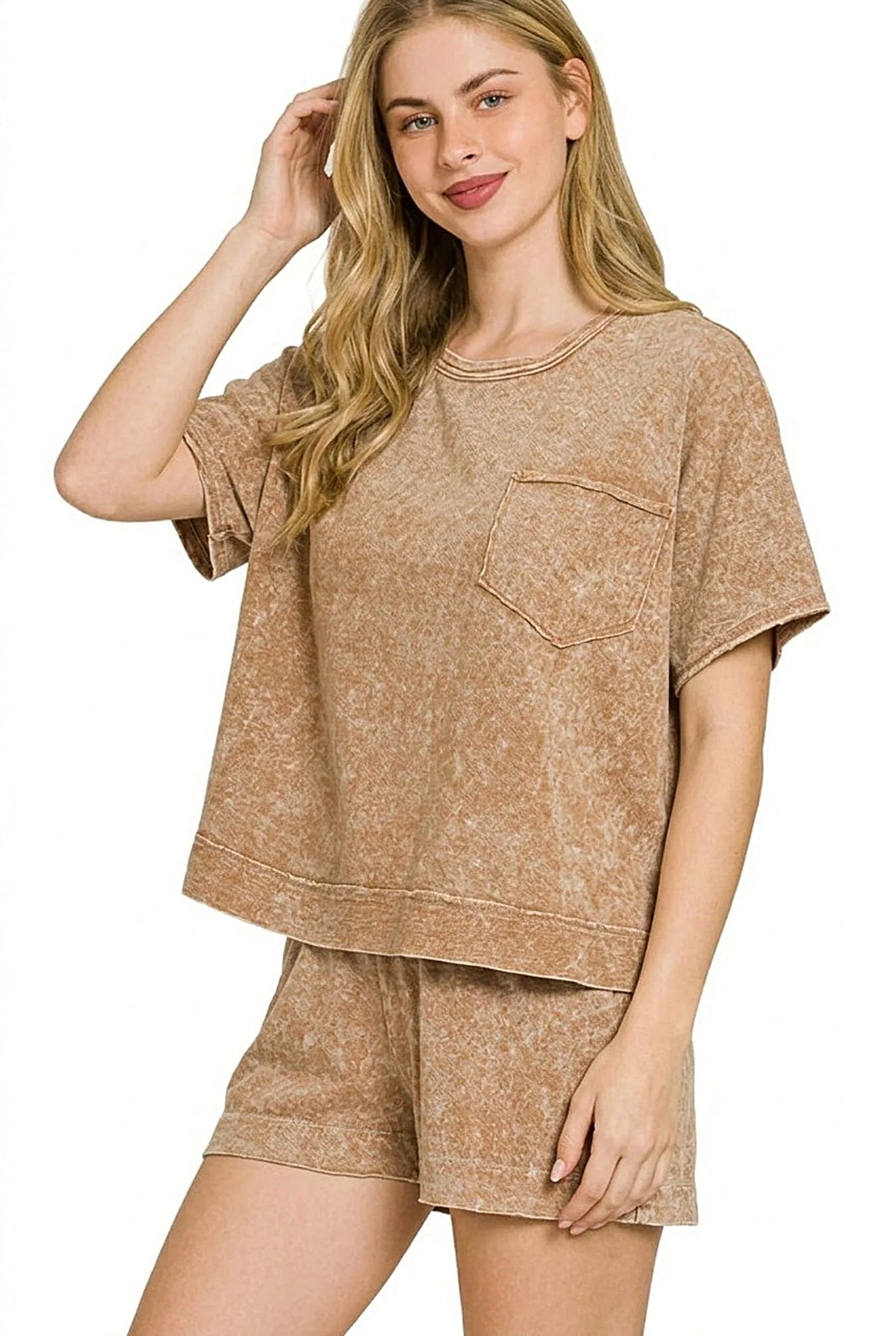 Zenana Halo Snow Washed Boxy Top & Shorts Set -