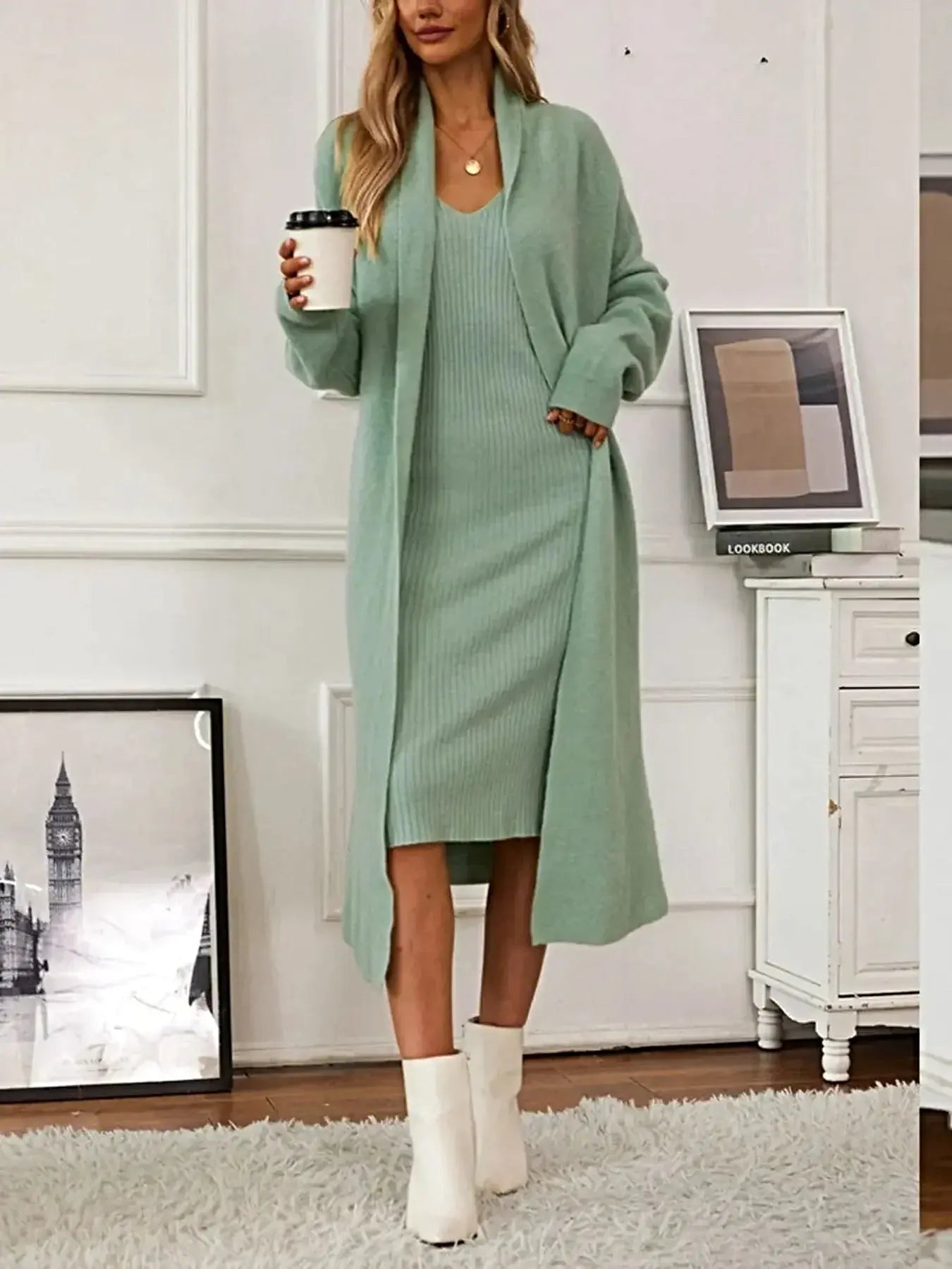 V-Neck Cami Dress and Open Front Cardigan Sweater Set -