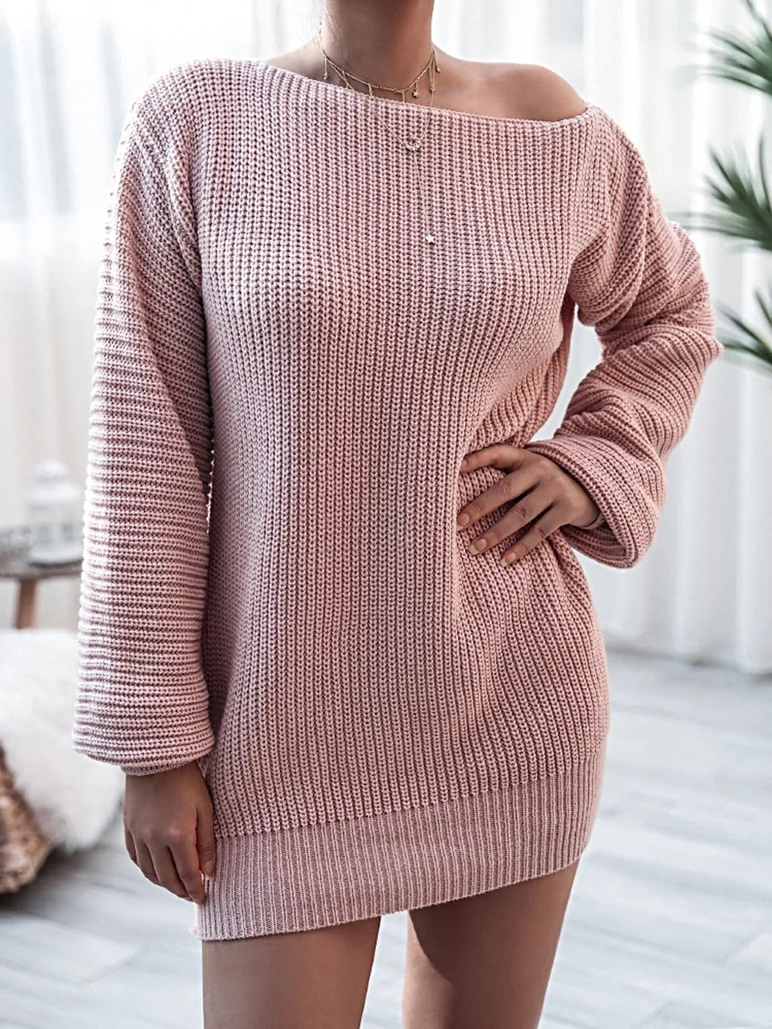 Rib-Knit Mini Sweater Dress -