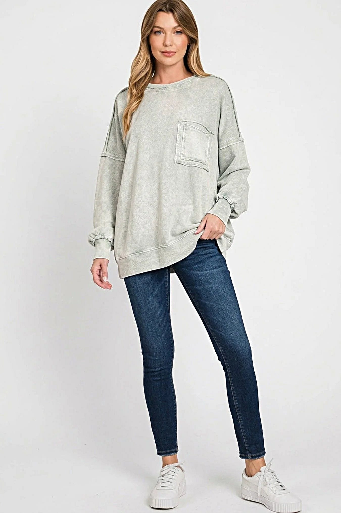 Zenana Halo Washed French Terry Exposed-seam Sweatshirt -