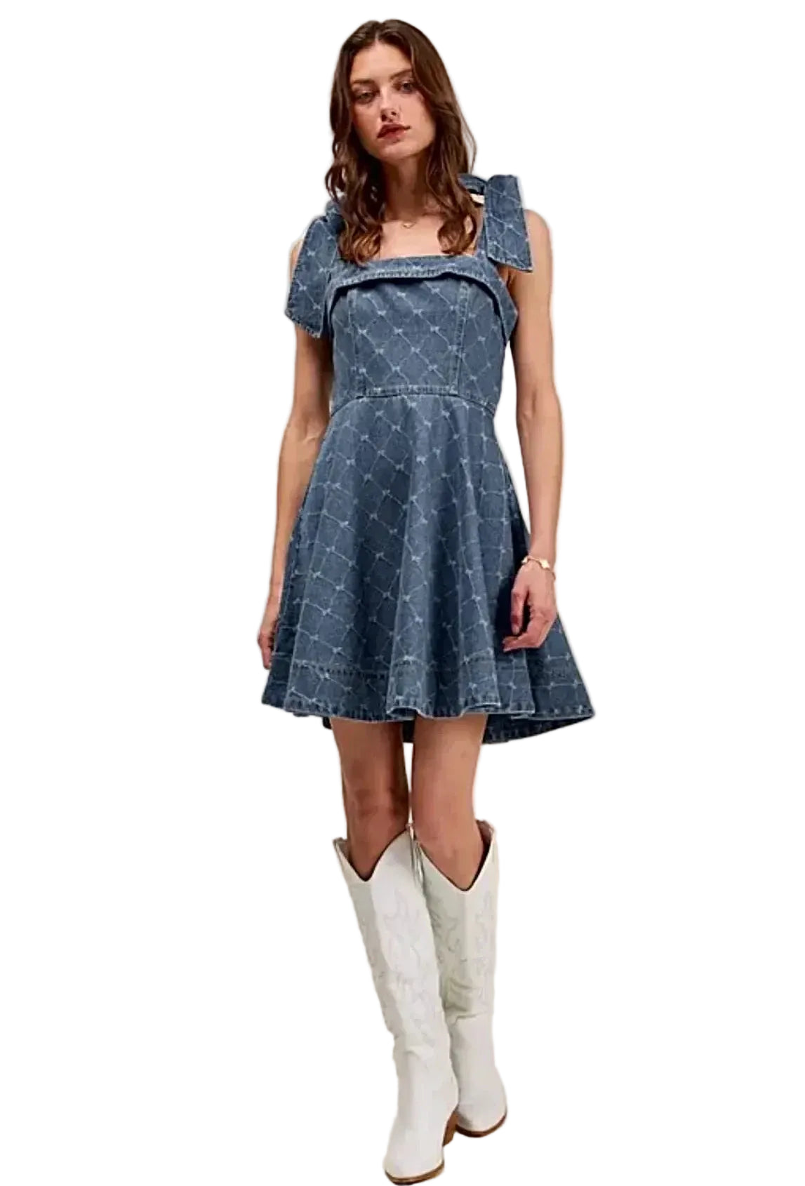 Elegant A-Line Fit and Flare Denim Dress with Diamond Bow Ribbon Detail -
