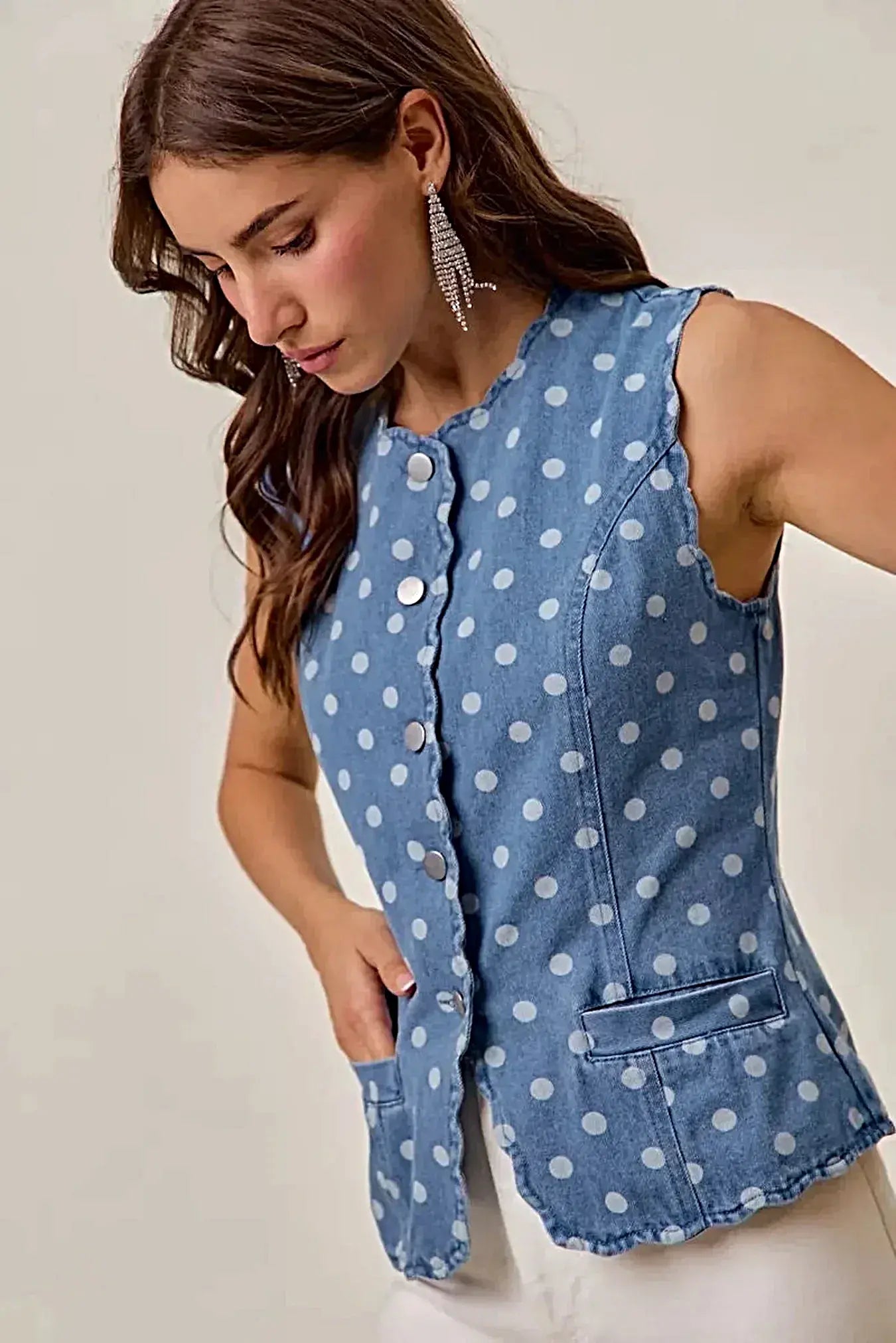 SO ME Polka Dot Denim Scallop Edge Button Down Vest Top -