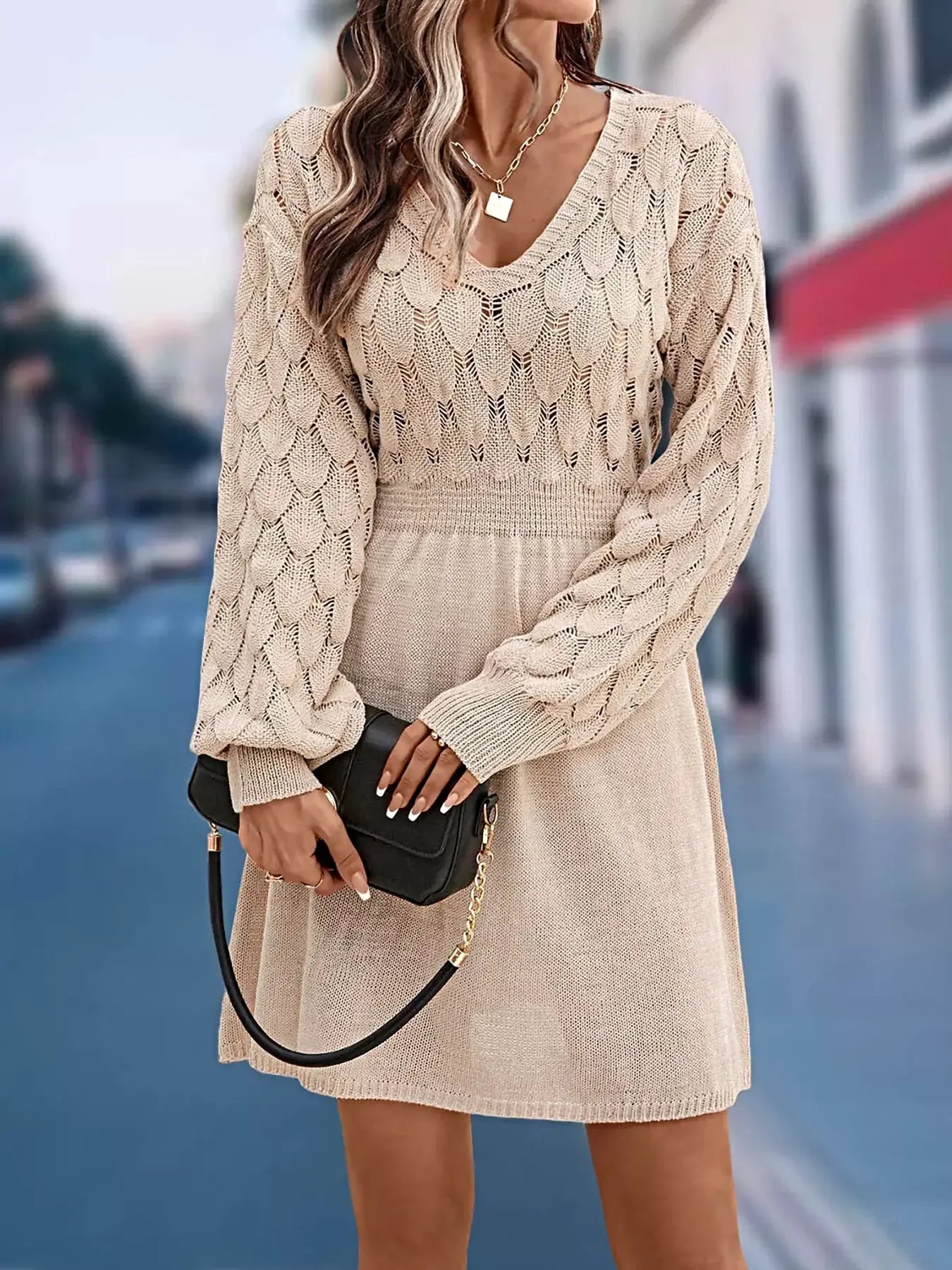 V-Neck Long Sleeve Sweater Dress -