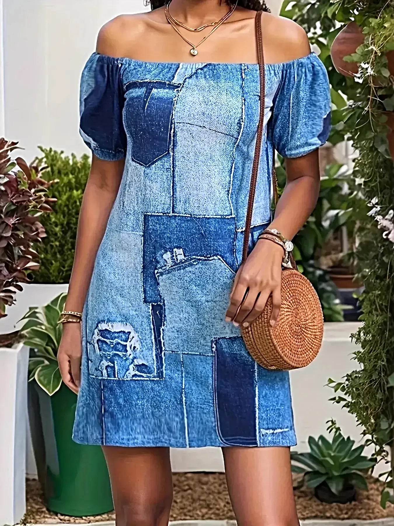 Elegant Off Shoulder Denim Dress - Patchwork Design, Classic Mini Style, 100% Polyester -