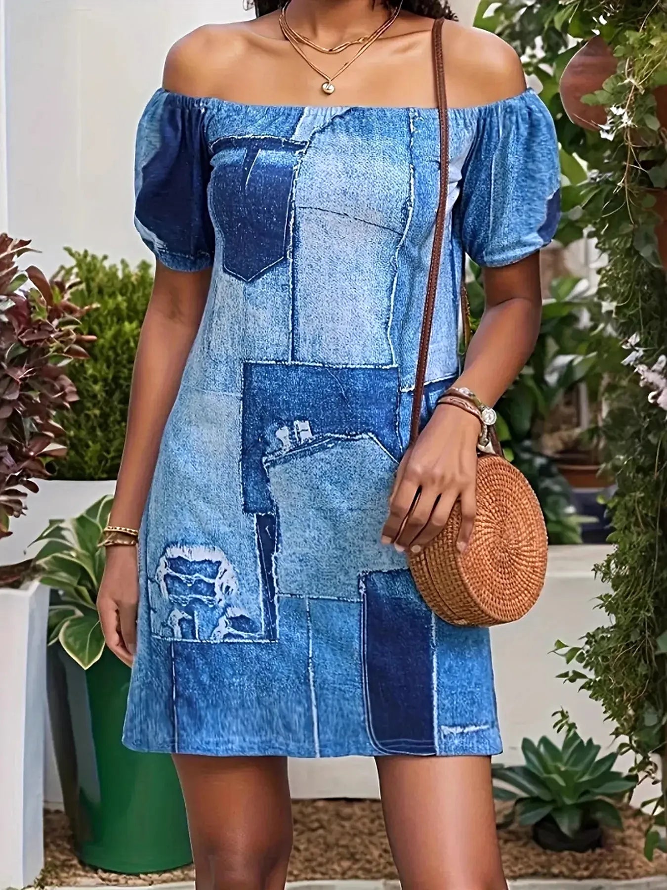 Patchwork Off Shoulder Denim Mini Dress -