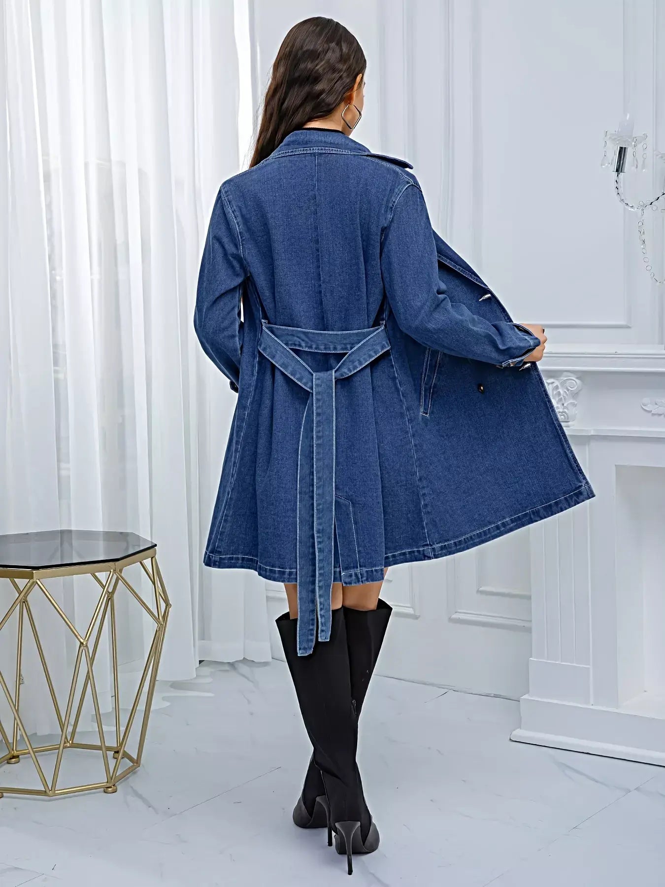 Belted Double-Breasted Denim Jacket -