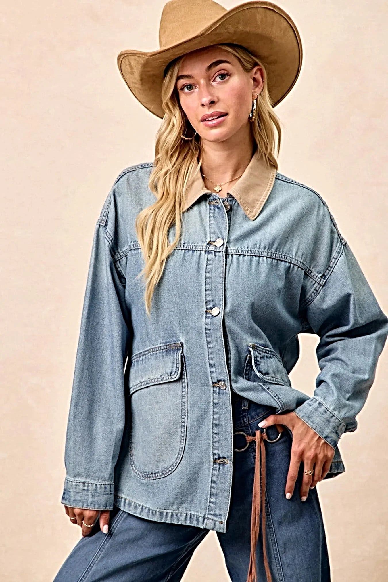 BiBi Washed Denim Jacket with Contrast Collar Detail -