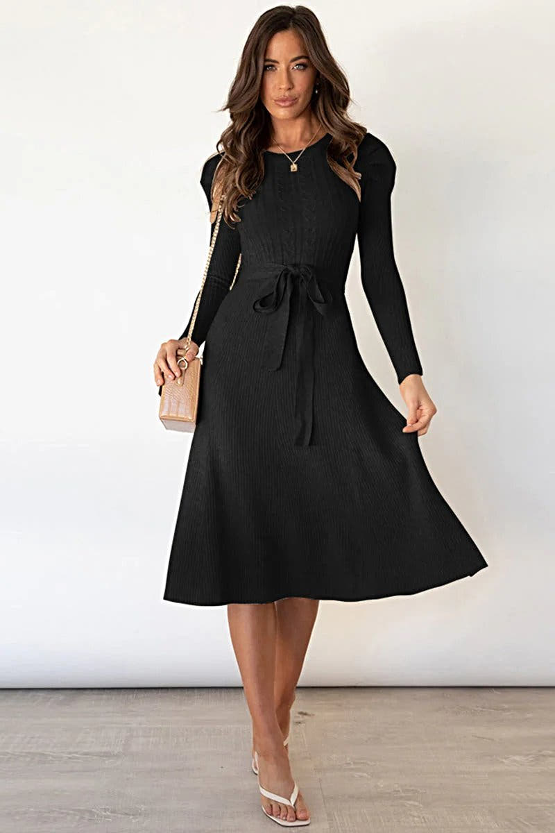 S-2XL • Tie Waist Sweater Dress • Round Neck, Long Sleeves • Stretchy Opaque Fabric -