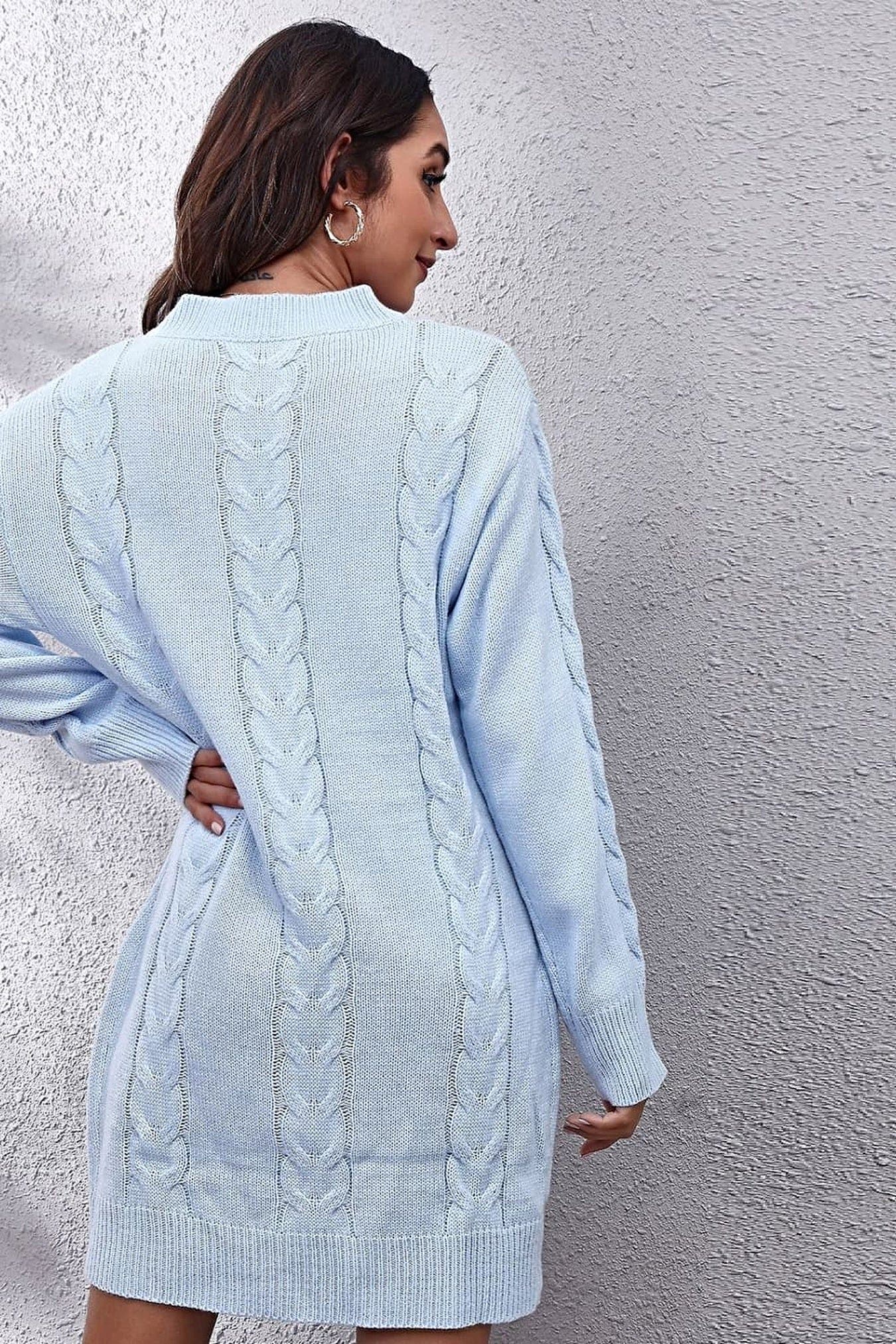 Cable-Knit Round Neck Sweater Dress -