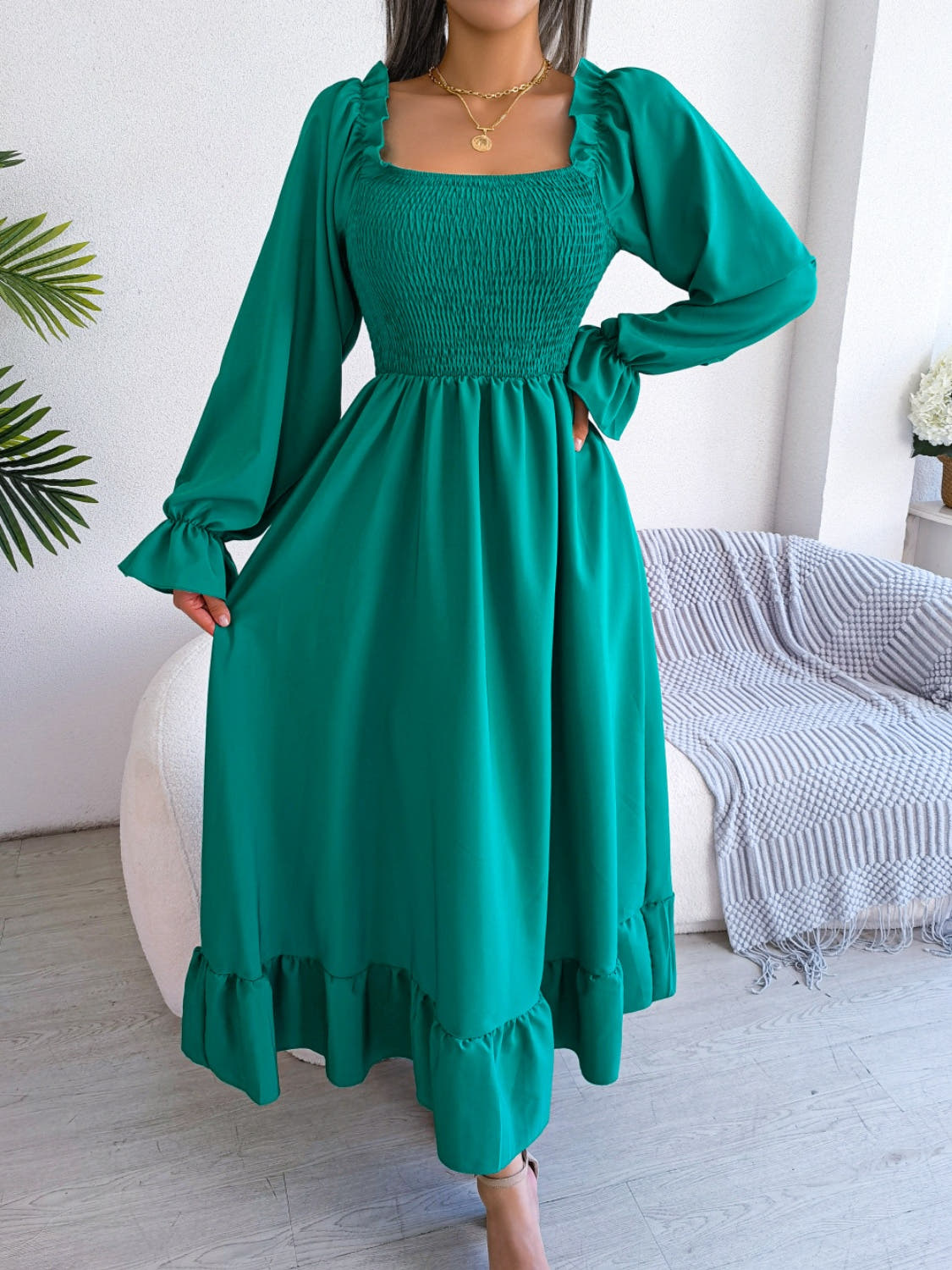 Smocked Square Neck Flounce Sleeve Dress -