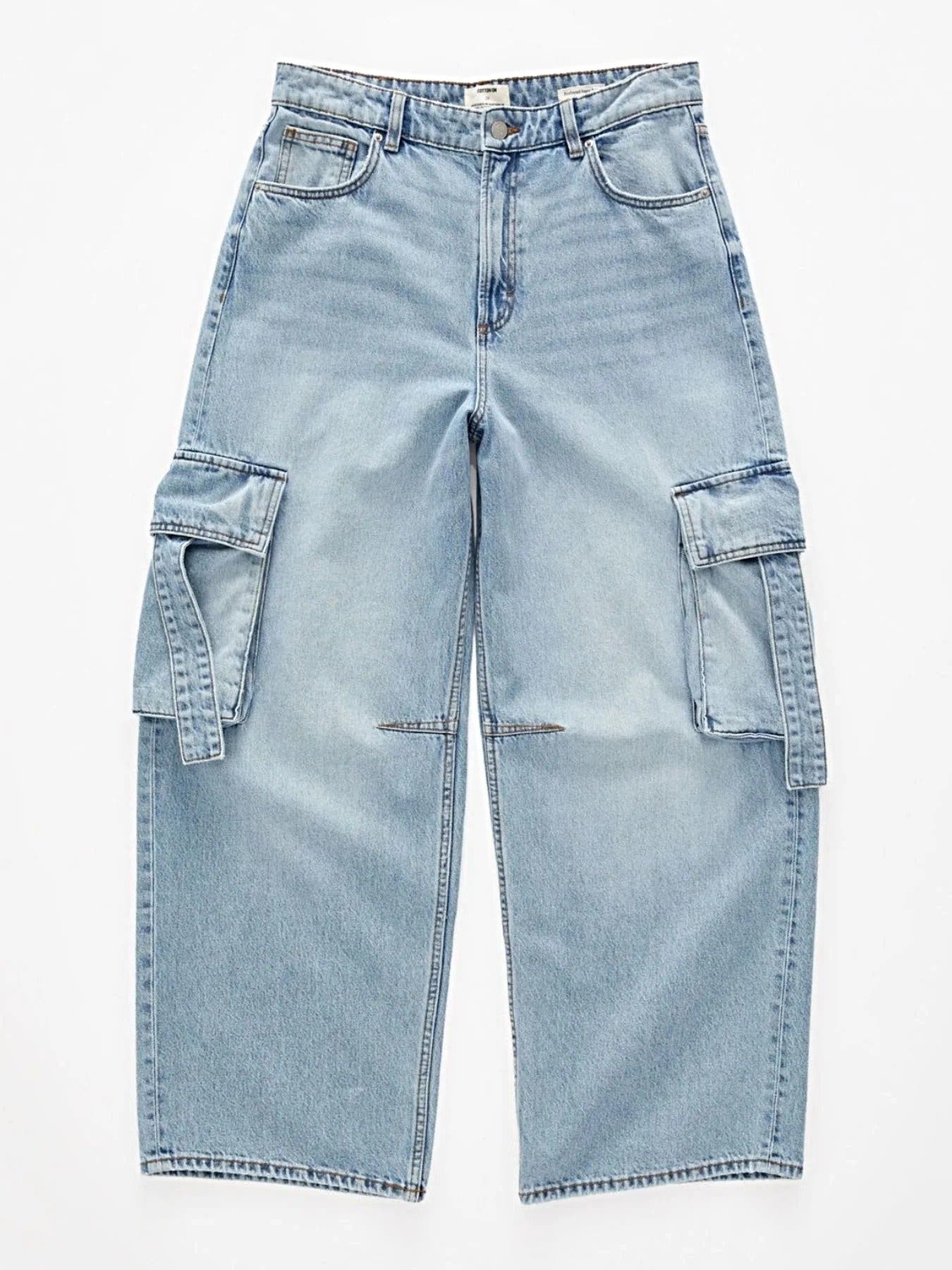 Vintage Wash Wide Leg Cargo Jeans -