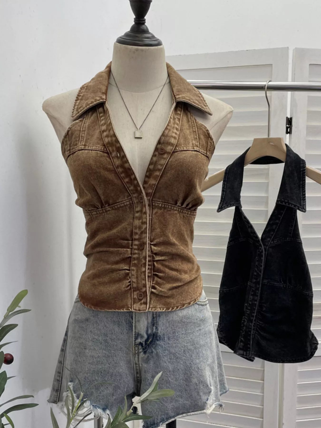 Smocked Denim Halter Collar Top -