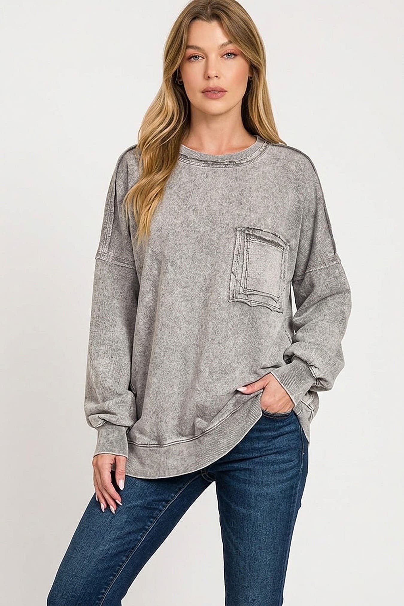 Zenana Halo Washed French Terry Exposed-seam Sweatshirt -