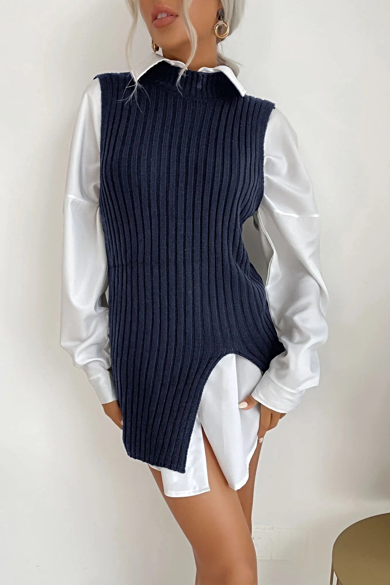 Perfee Slit Hem Sweater Vest Dress -