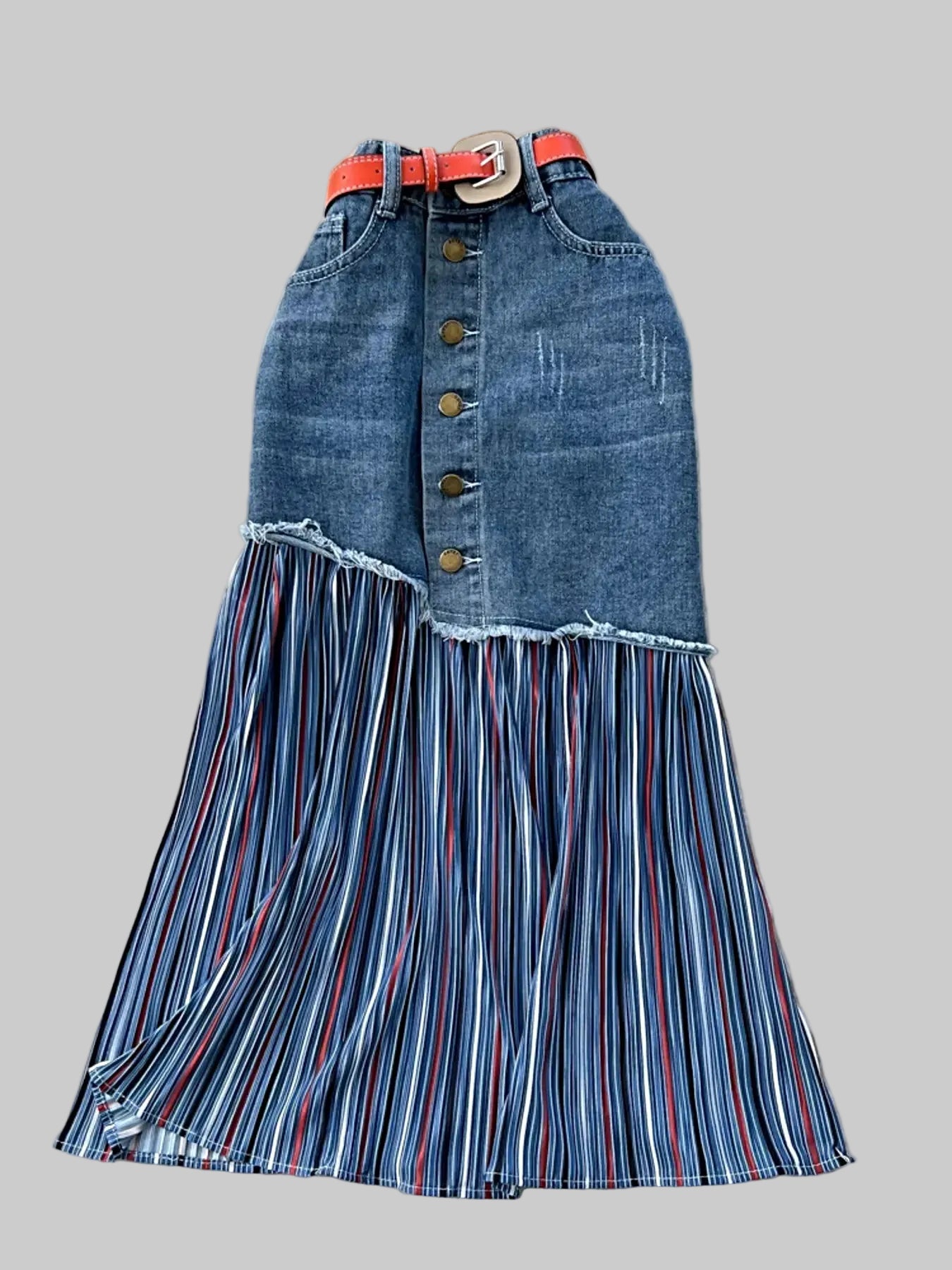 Full Size Striped Patchwork Denim Skirt Plus Size -