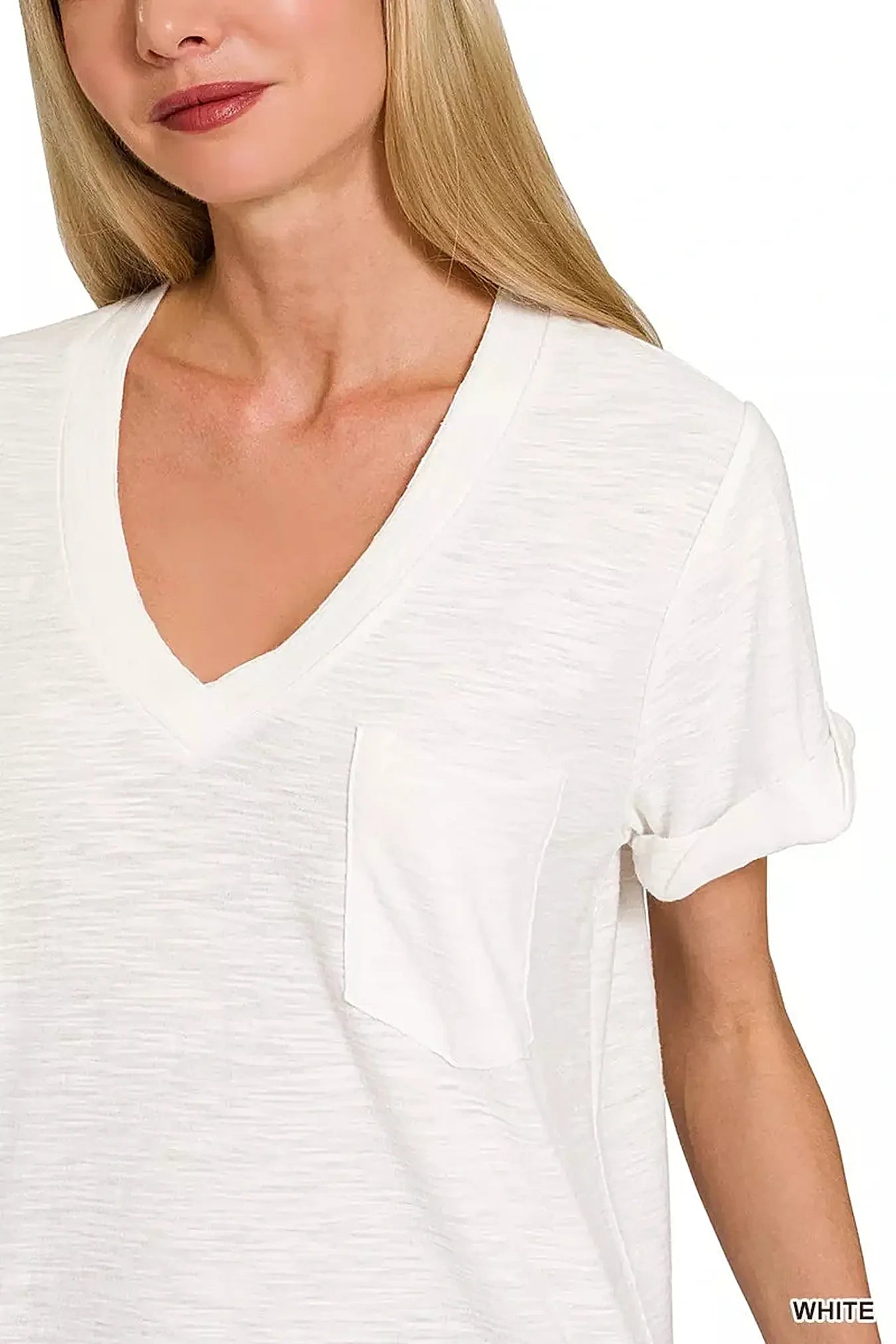 Zenana Slub Rolled Short Sleeve V-Neck Tee -