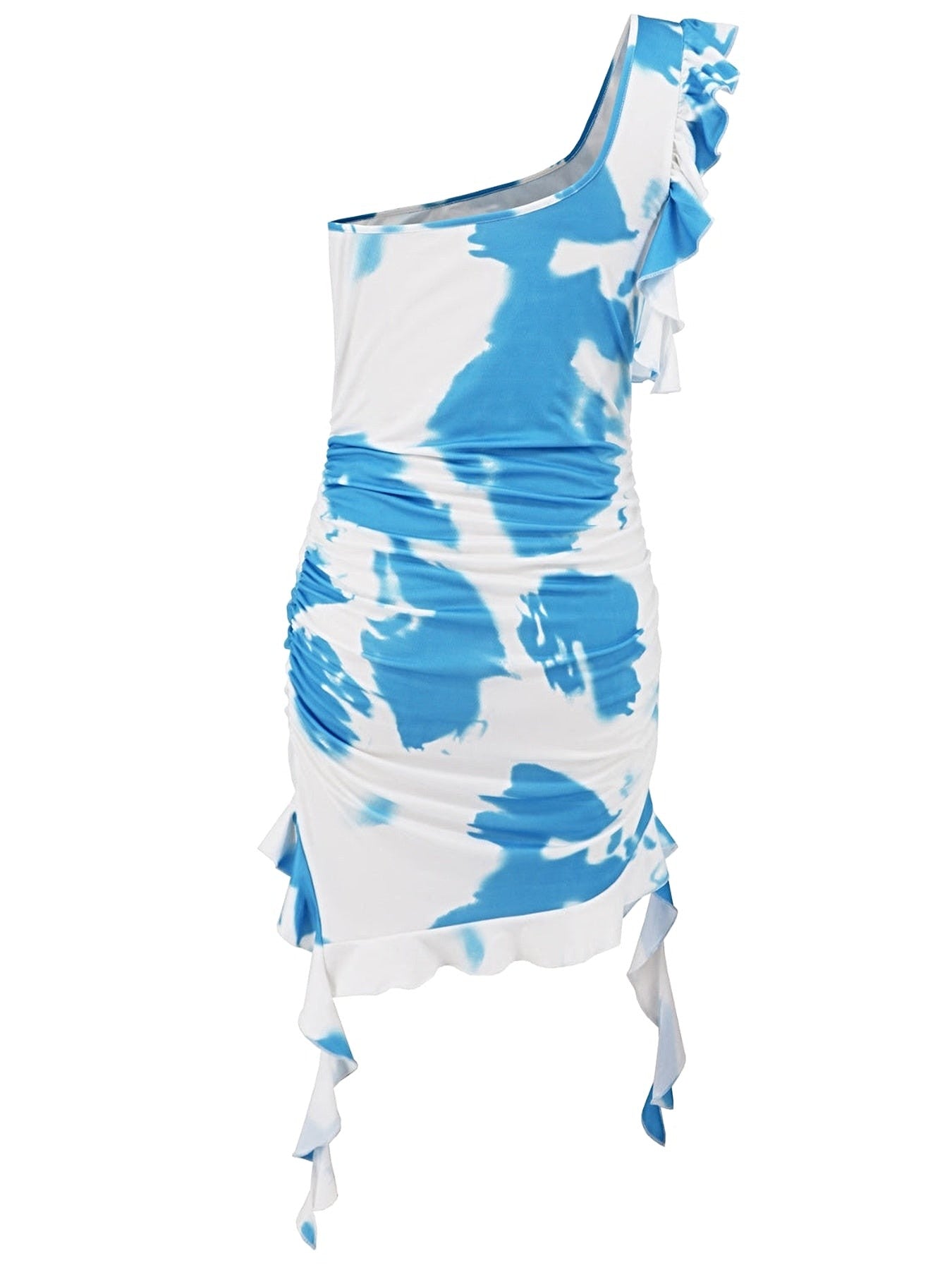 Ruffled Tie-Dye Single Shoulder Mini Dress -