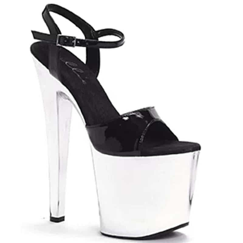 Ellie Shoes 821-Chrome 8 Inch Heel Sandals for Women featuring a stylish chrome finish, available in Black/Silver and Clear/Silver. Perfect 8 inch heel sandals to elevate your luxury fashion style.