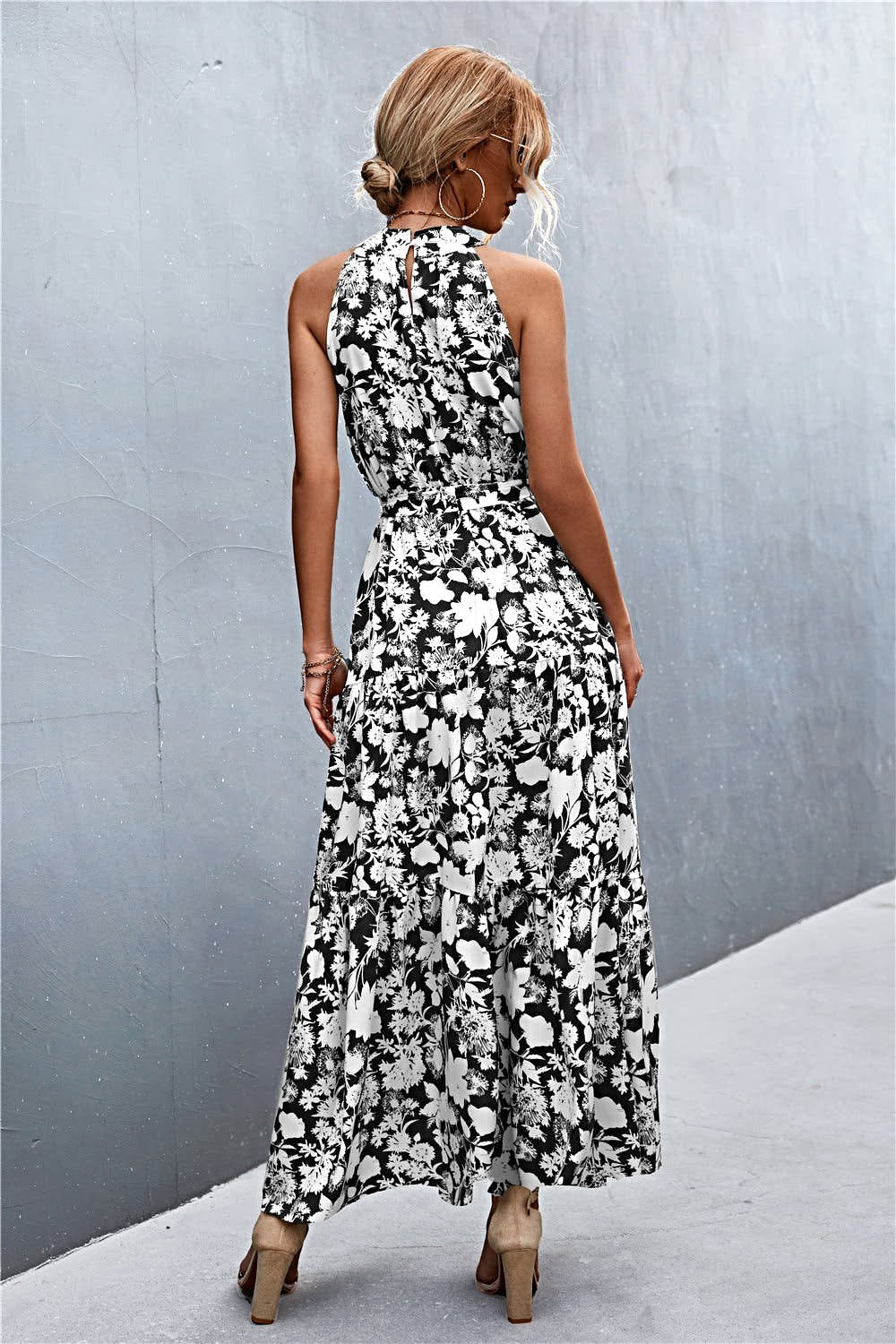 Grecian Printed Tie Waist Maxi Dress with Sleeveless Design and Polka Dot Floral Pattern Trendsi