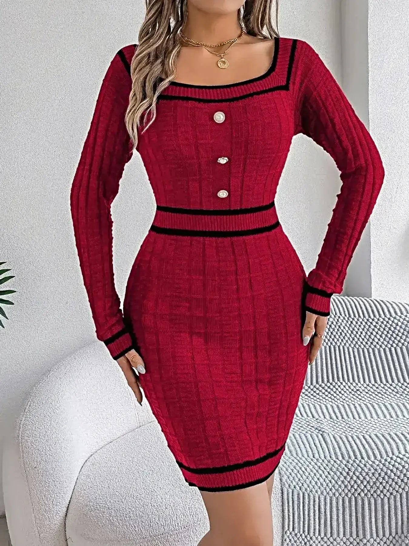 Contrast Trim Long Sleeve Sweater Dress -