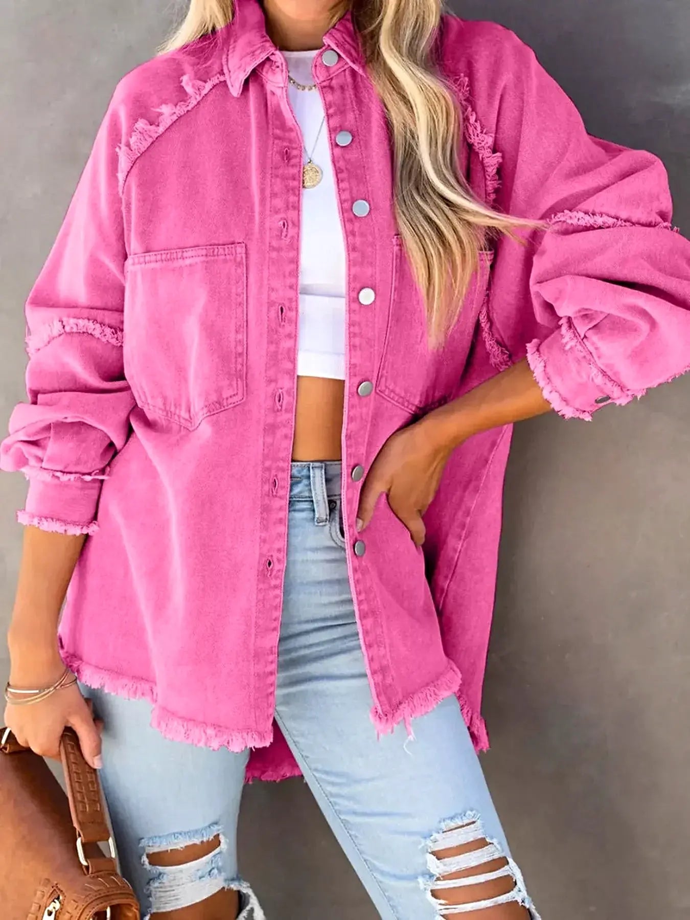Button Down Raw Hem Denim Jacket -