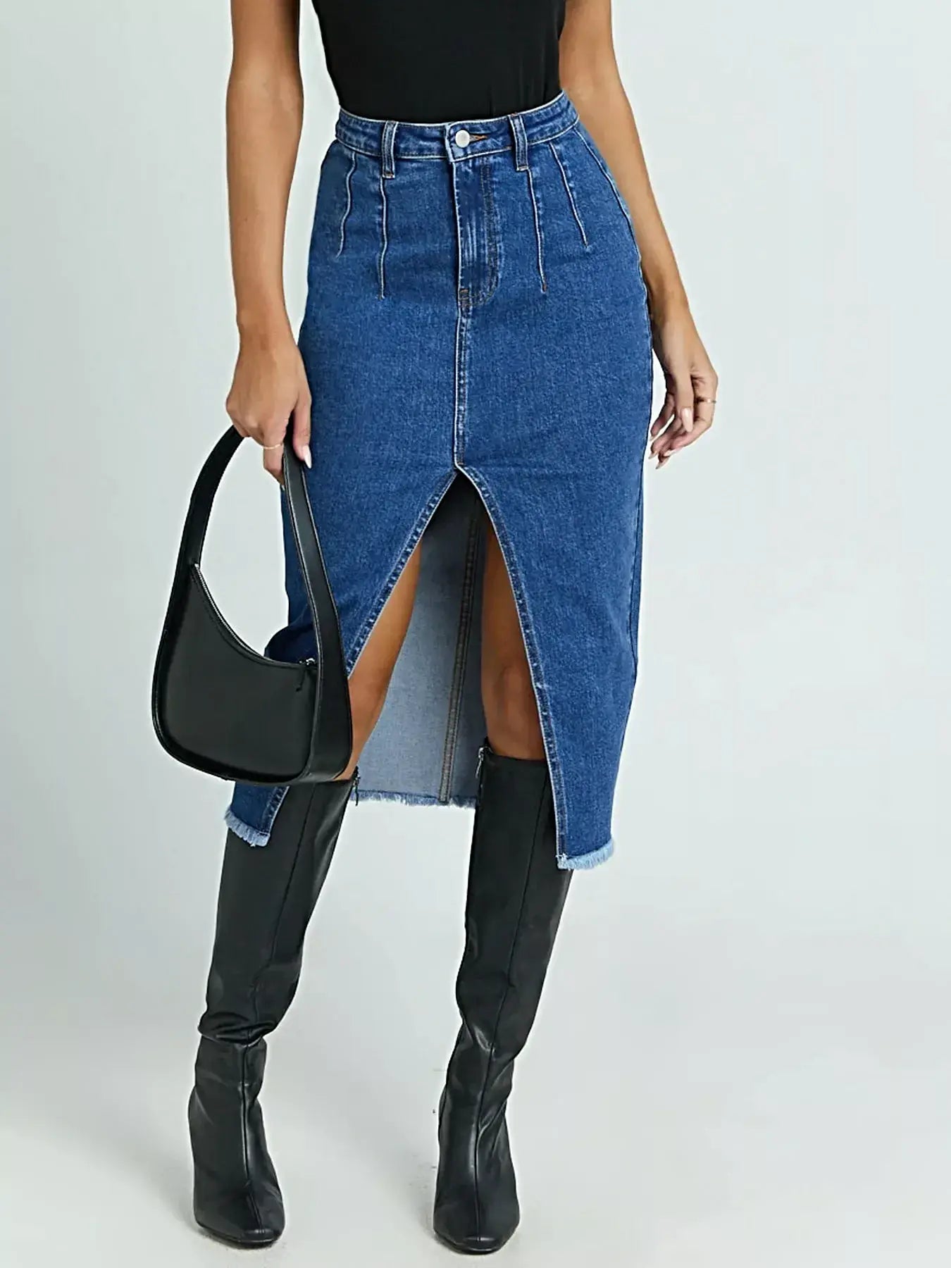 High-Waisted Slit Denim Skirt -
