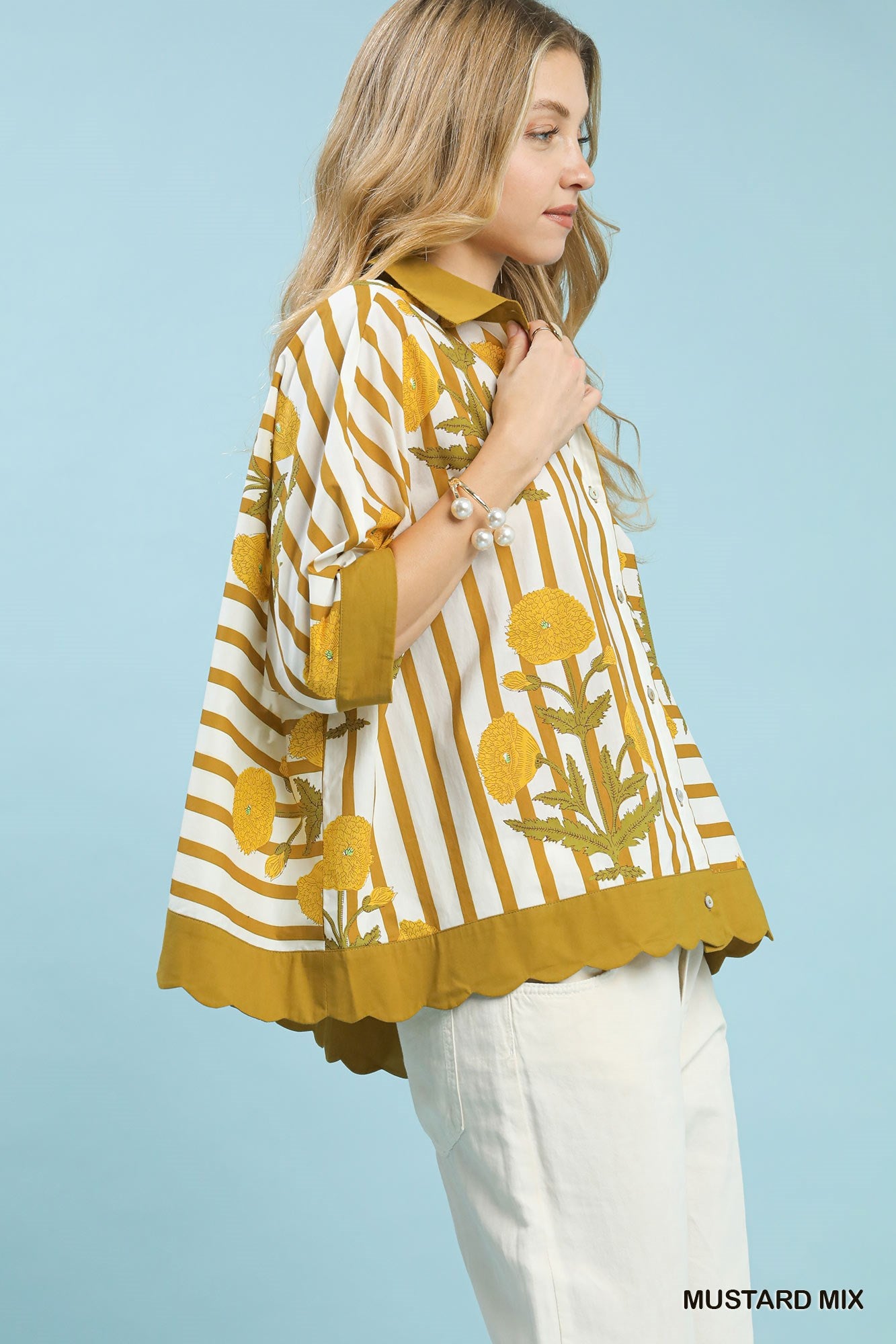 Umgee Mix Floral Stripe Button Down Top -