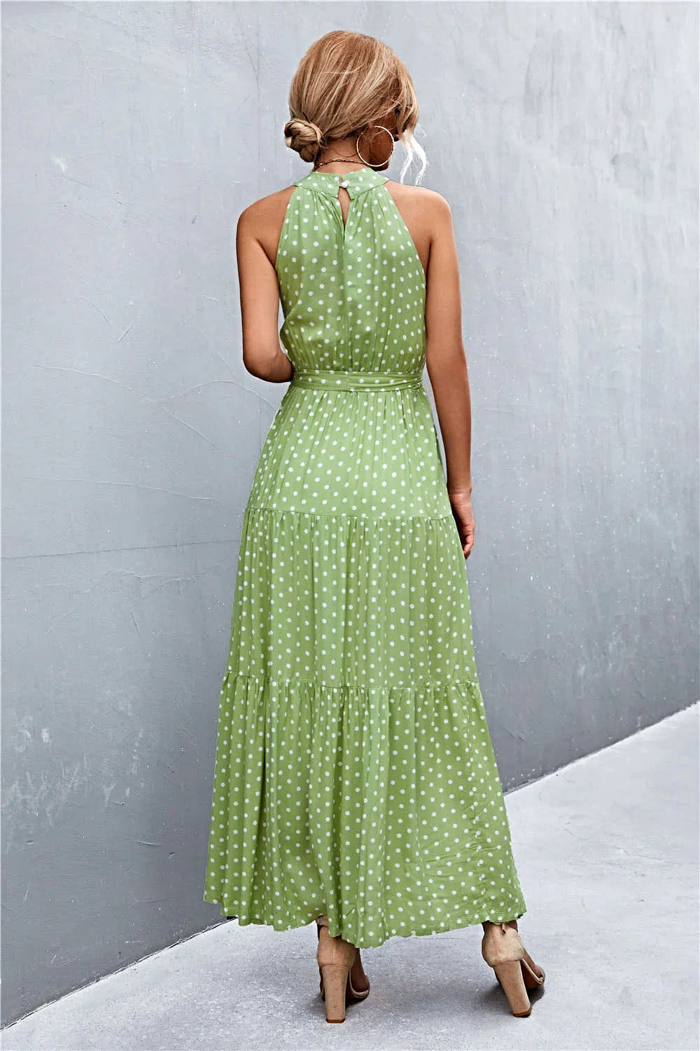 Grecian Printed Tie Waist Maxi Dress with Sleeveless Design and Polka Dot Floral Pattern Trendsi