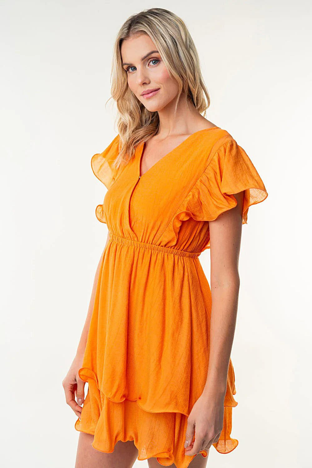 Elegant White Birch Layered Short Sleeve Dress with Surpliced Front and Flattering Elastic Waist Trendsi
