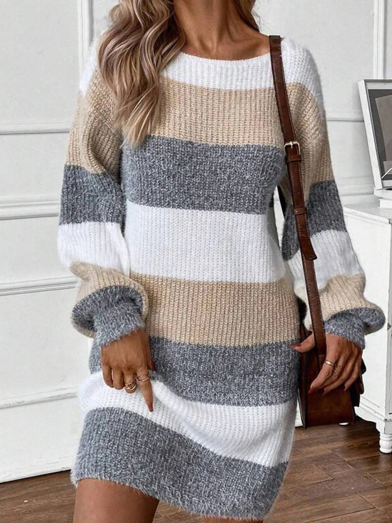 Color Block Long Sleeve Sweater Dress -