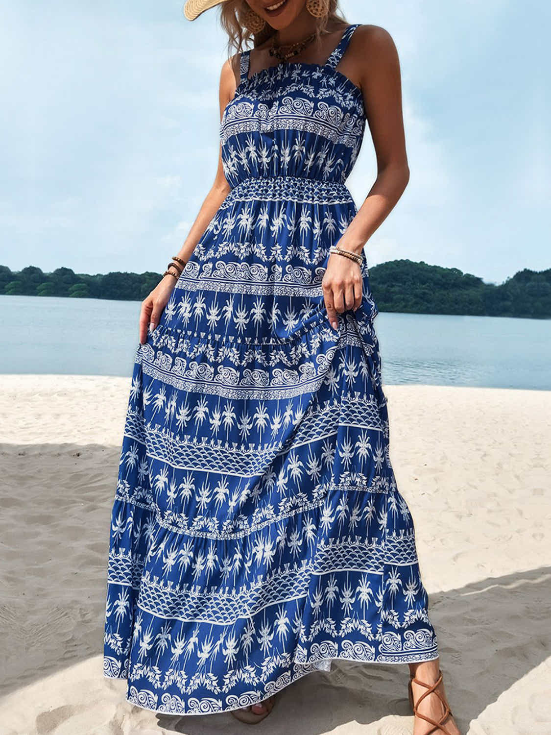 Perfee Printed Square Neck Sleeveless Maxi Dress Trendsi