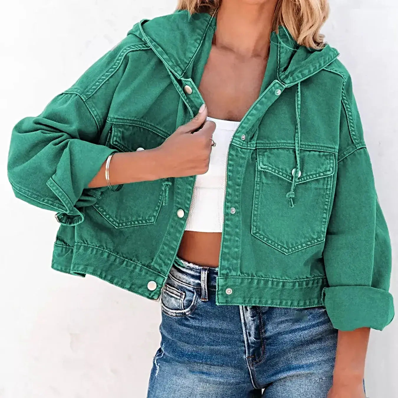 Hooded Dropped Shoulder Denim Jacket -