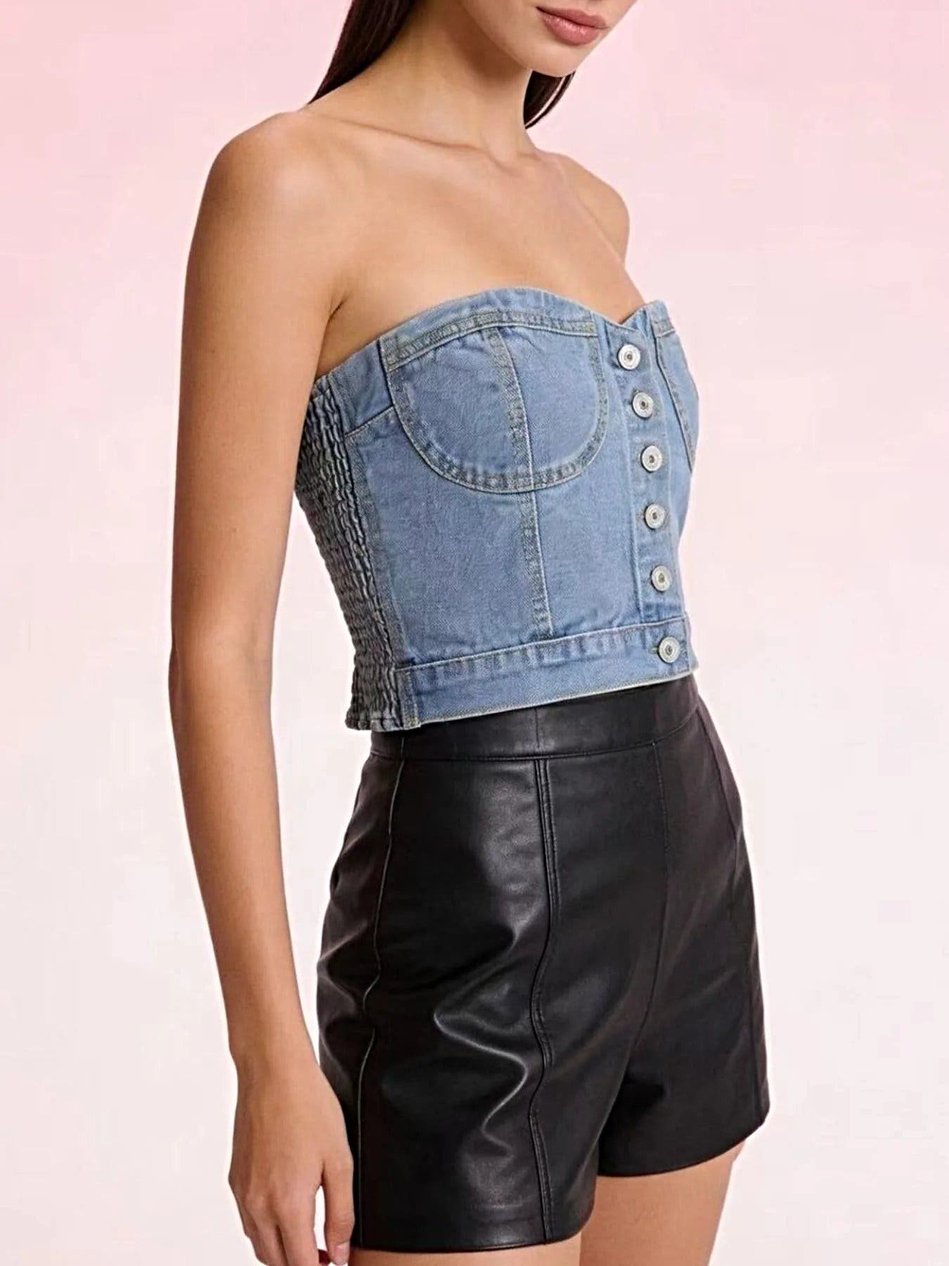 Button-Front Denim Tube Top -