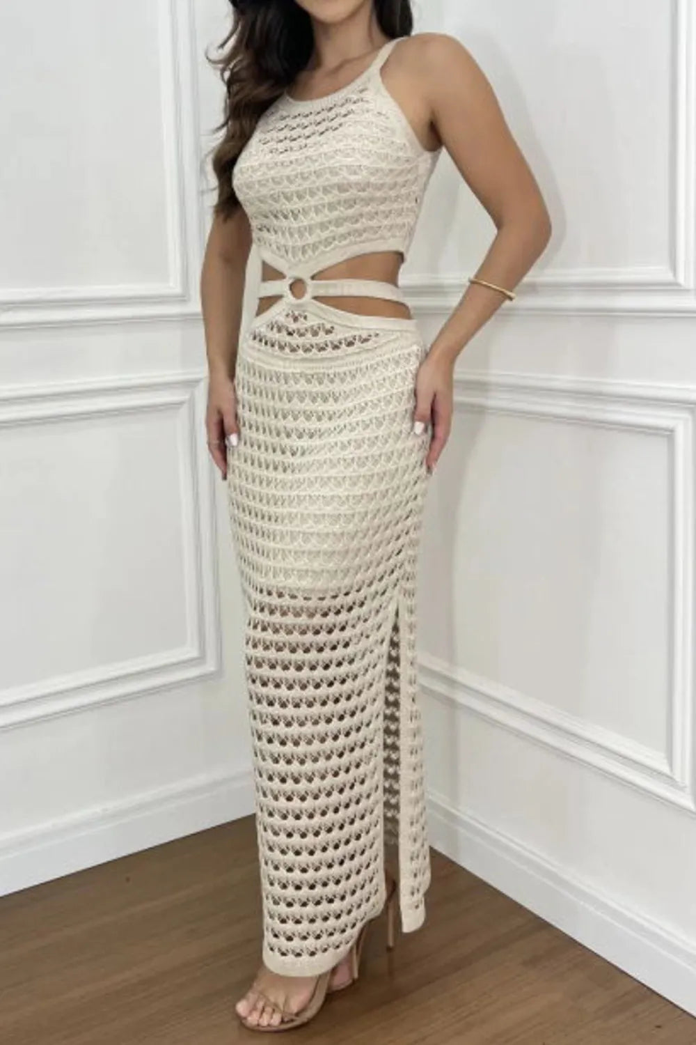 Cutout Slit Round Neck Sweater Dress -