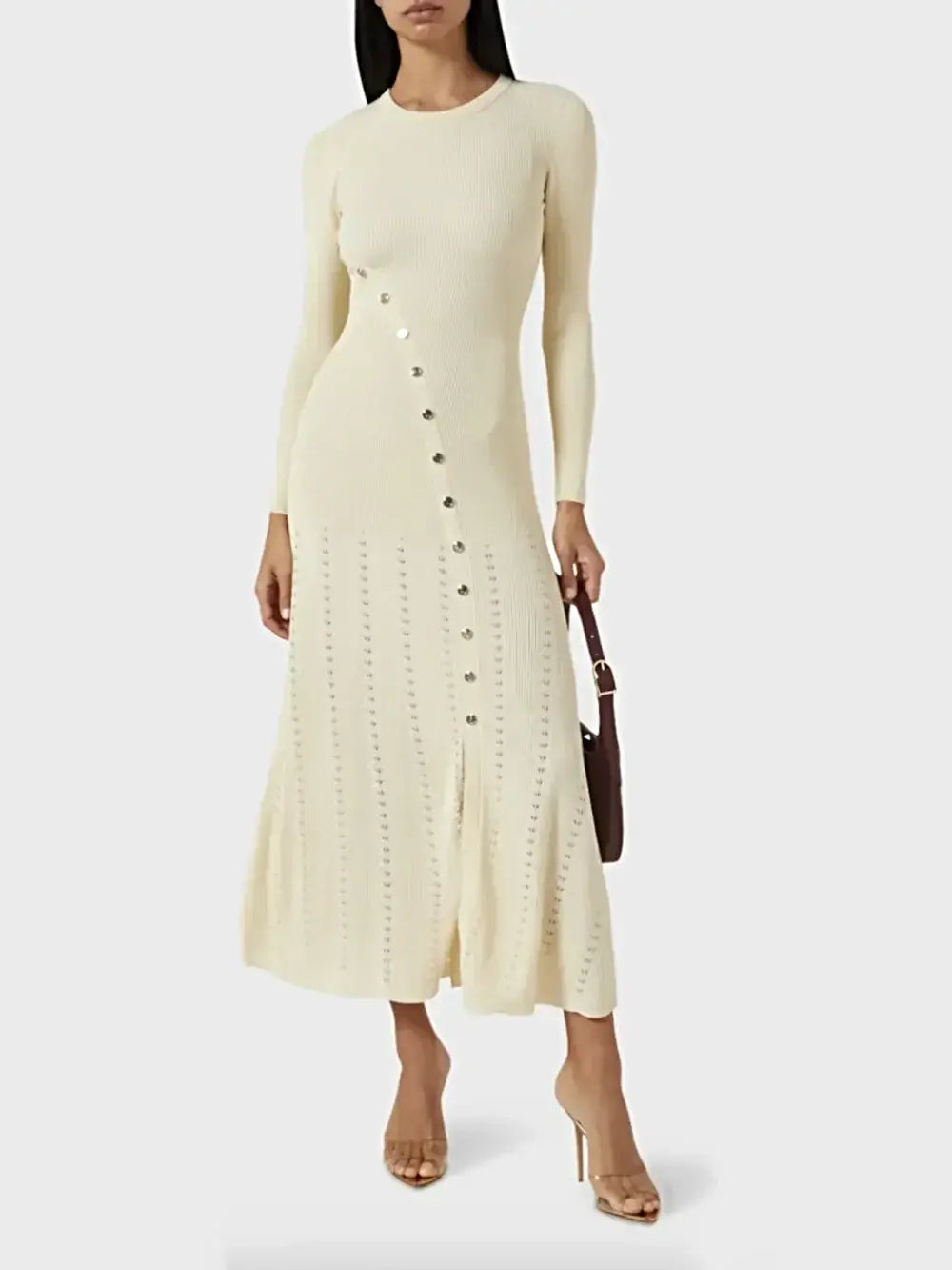 Openwork Round Neck Long Sleeve Sweater Dress -