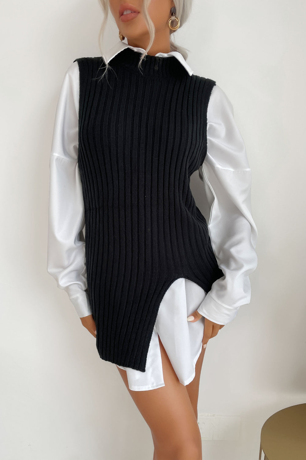 Perfee Slit Hem Sweater Vest Dress Trendsi
