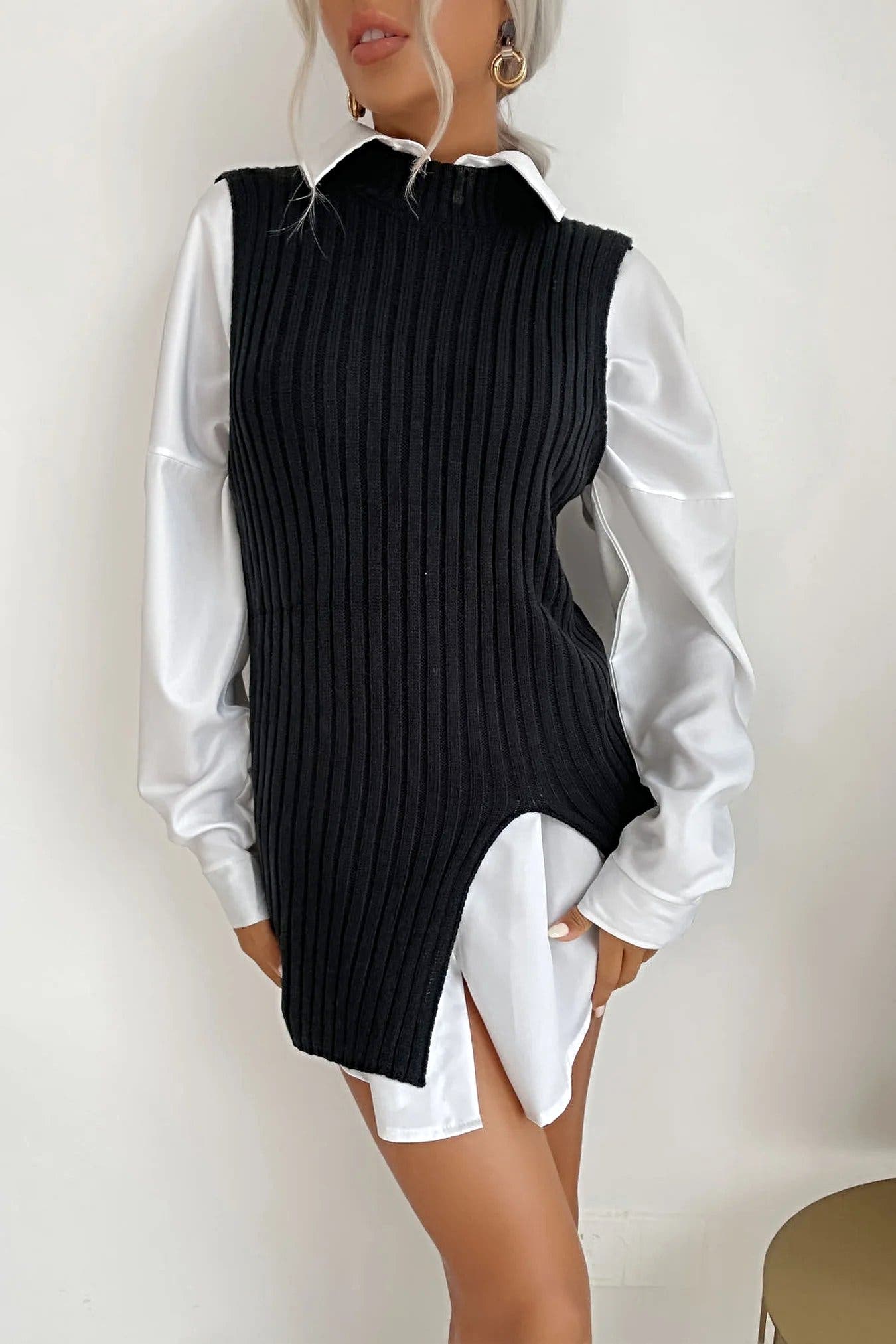 Perfee Slit Hem Sweater Vest Dress -