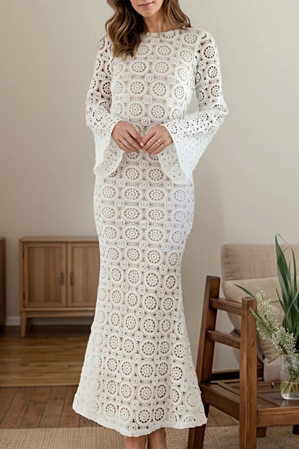 Lace Backless Round Neck Flare Sleeve Dress -
