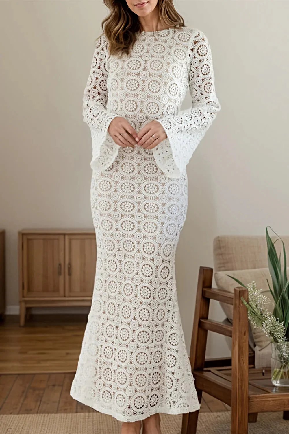 Lace Backless Round Neck Flare Sleeve Dress -