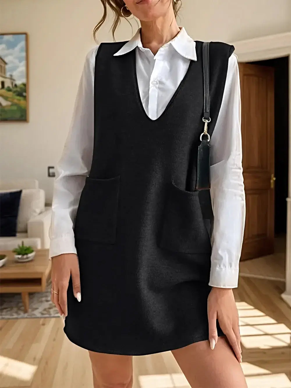 V-Neck Sleeveless Sweater Dress with Pockets -