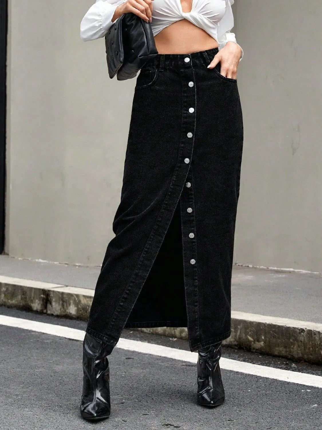 Button Front Denim Skirt -