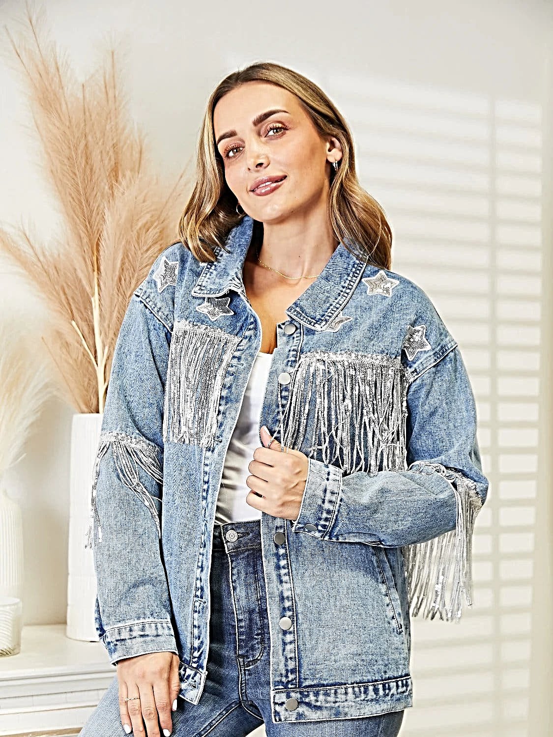 Fringe Detail Long Sleeve Denim Jacket -