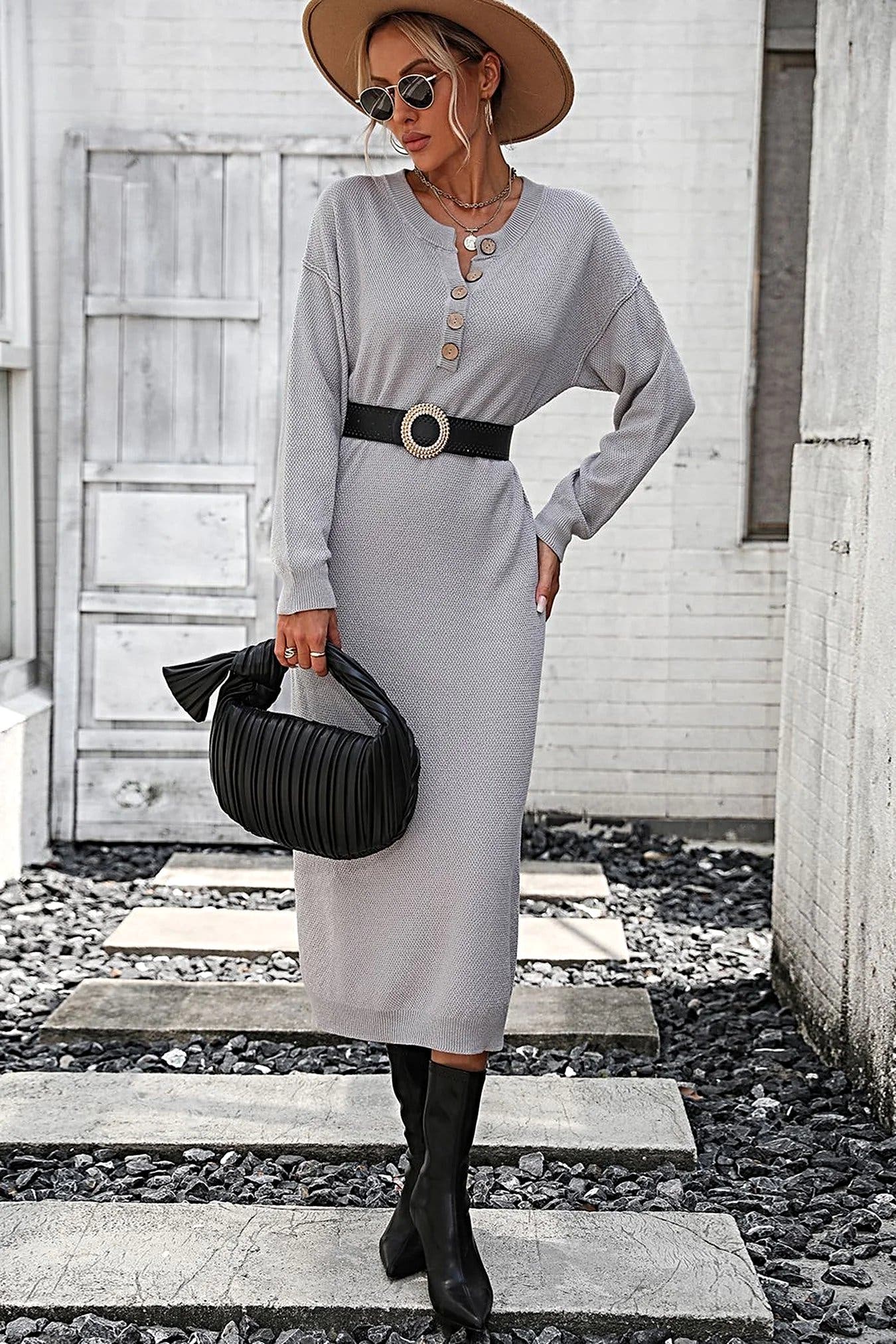 Notched Neck Dropped Shoulder Button-Down Midi Dress -