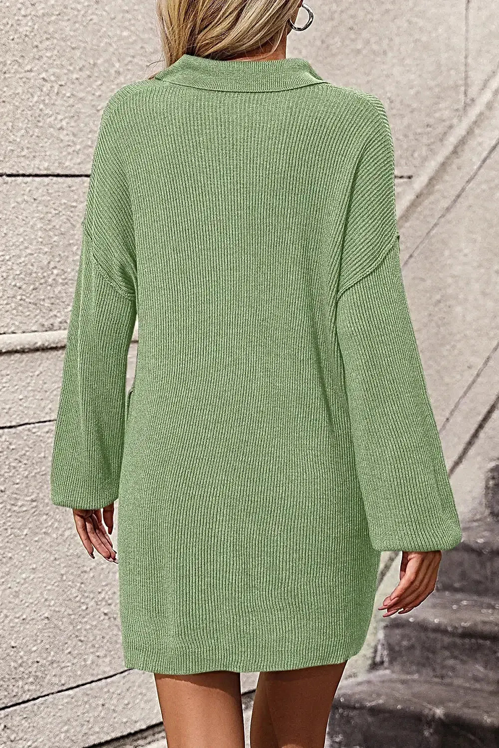 Collared Neck Long Sleeve Sweater Dress with Pockets -
