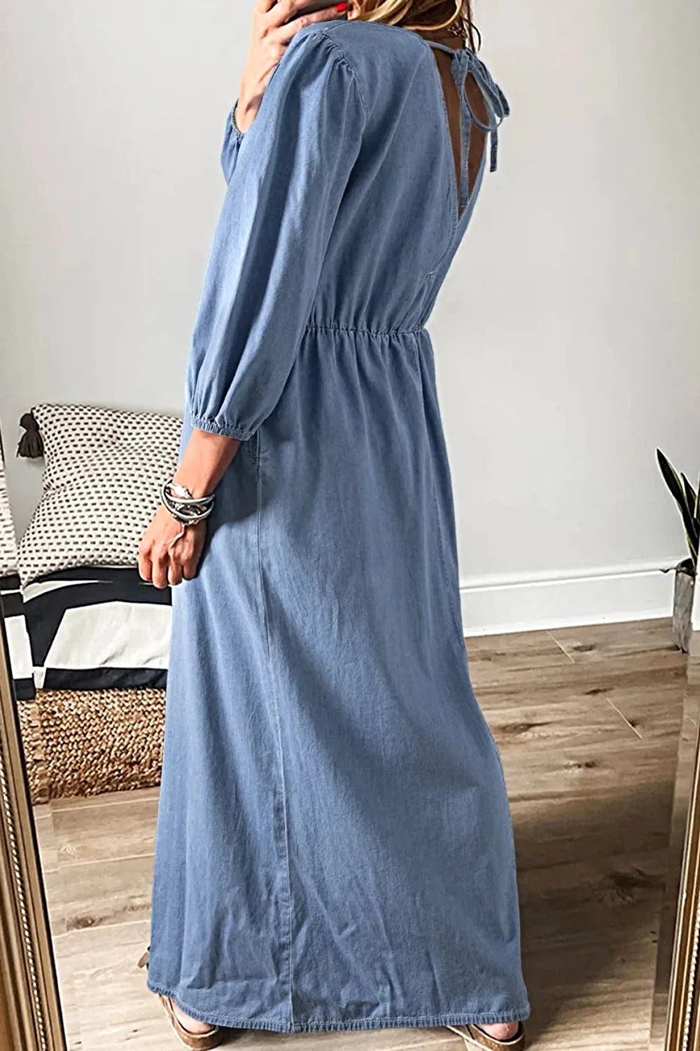 Plunge Denim Dress With Tied Design And Three-Quarter Sleeves - 100% Cotton Classic Elegance Trendsi