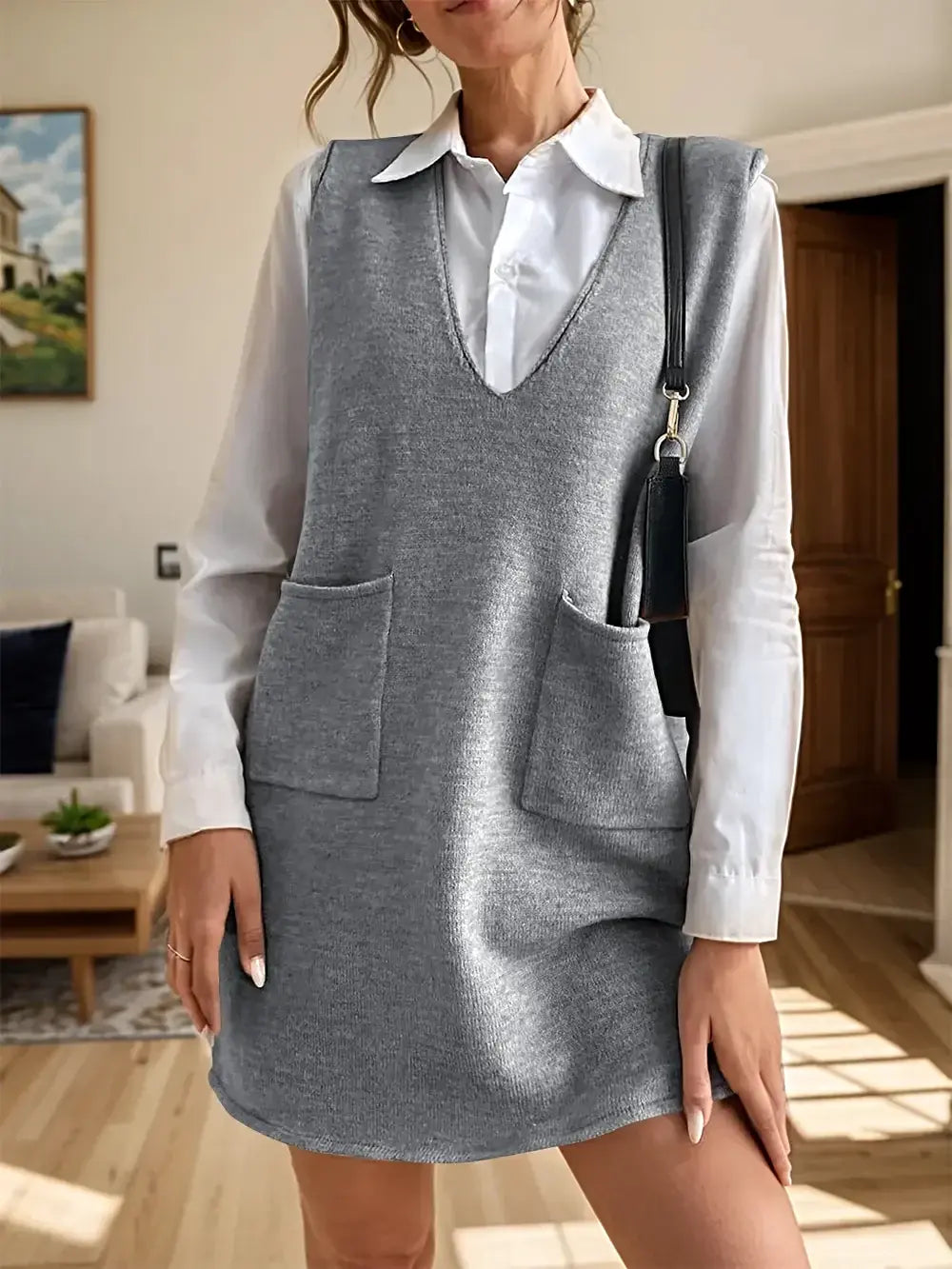 V-Neck Sleeveless Sweater Dress with Pockets -