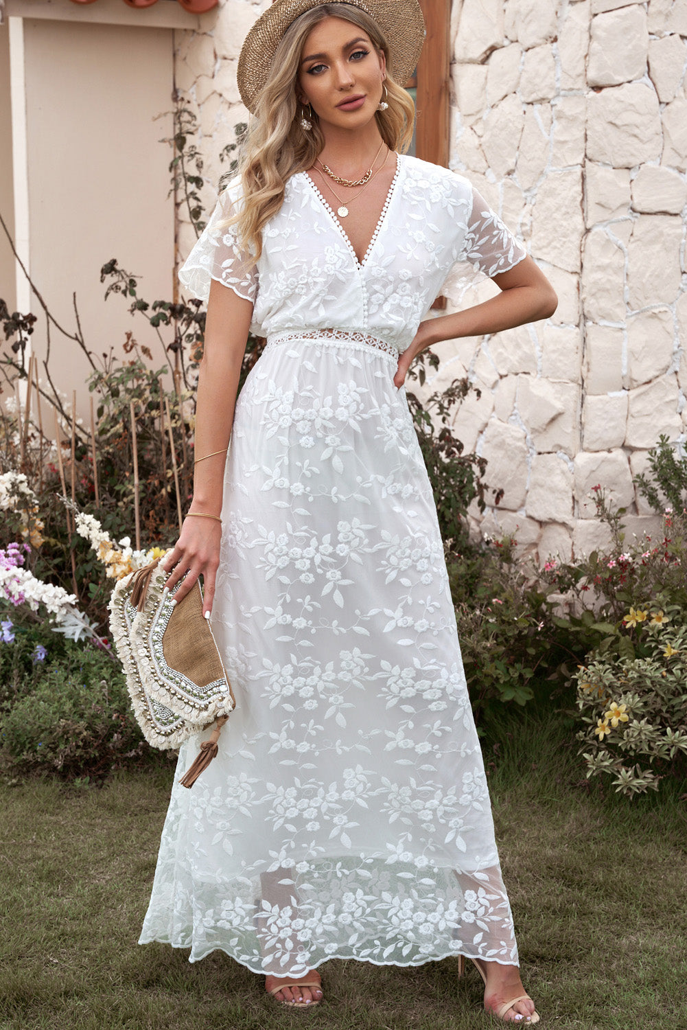 Embroidered Short Sleeve Surplice Neck Maxi Dress Trendsi